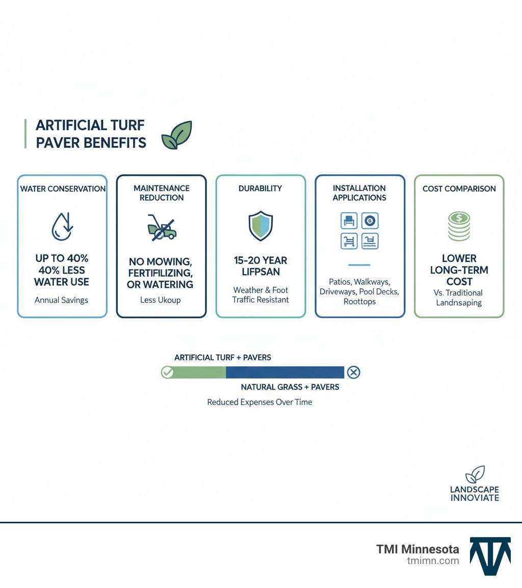 Comprehensive breakdown of artificial turf paver benefits including water conservation statistics, maintenance reduction percentages, durability ratings, installation applications, and cost comparison versus traditional landscaping options - artificial turf pavers infographic Comprehensive breakdown of artificial turf paver benefits including water conservation statistics, maintenance reduction percentages, durability ratings, installation applications, and cost comparison versus traditional landscaping options - artificial turf pavers infographic