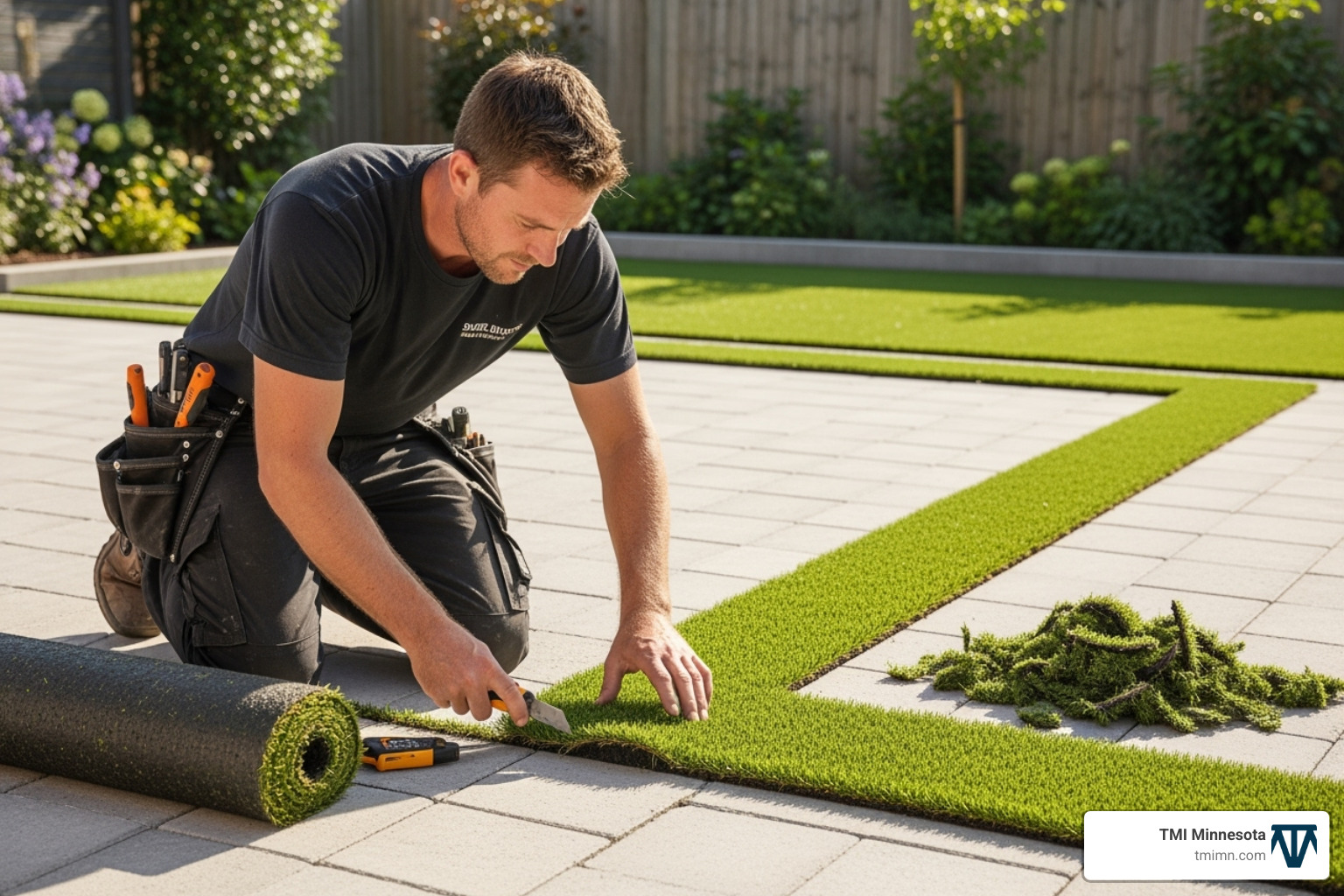 A professional installing artificial turf strips between freshly laid pavers - artificial turf pavers A professional installing artificial turf strips between freshly laid pavers - artificial turf pavers