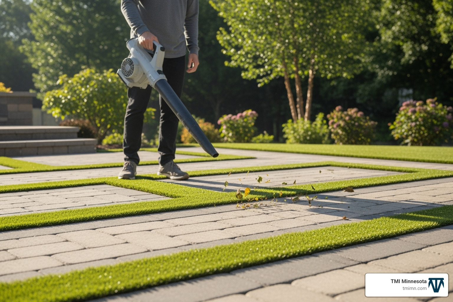 A person easily cleaning an artificial turf paver patio with a leaf blower - artificial turf pavers A person easily cleaning an artificial turf paver patio with a leaf blower - artificial turf pavers