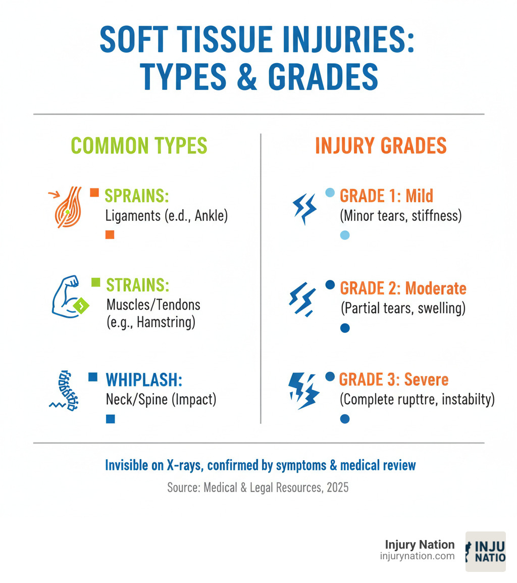 Infographic explaining the common types and grades of soft tissue injuries - soft tissue injury lawyer infographic 