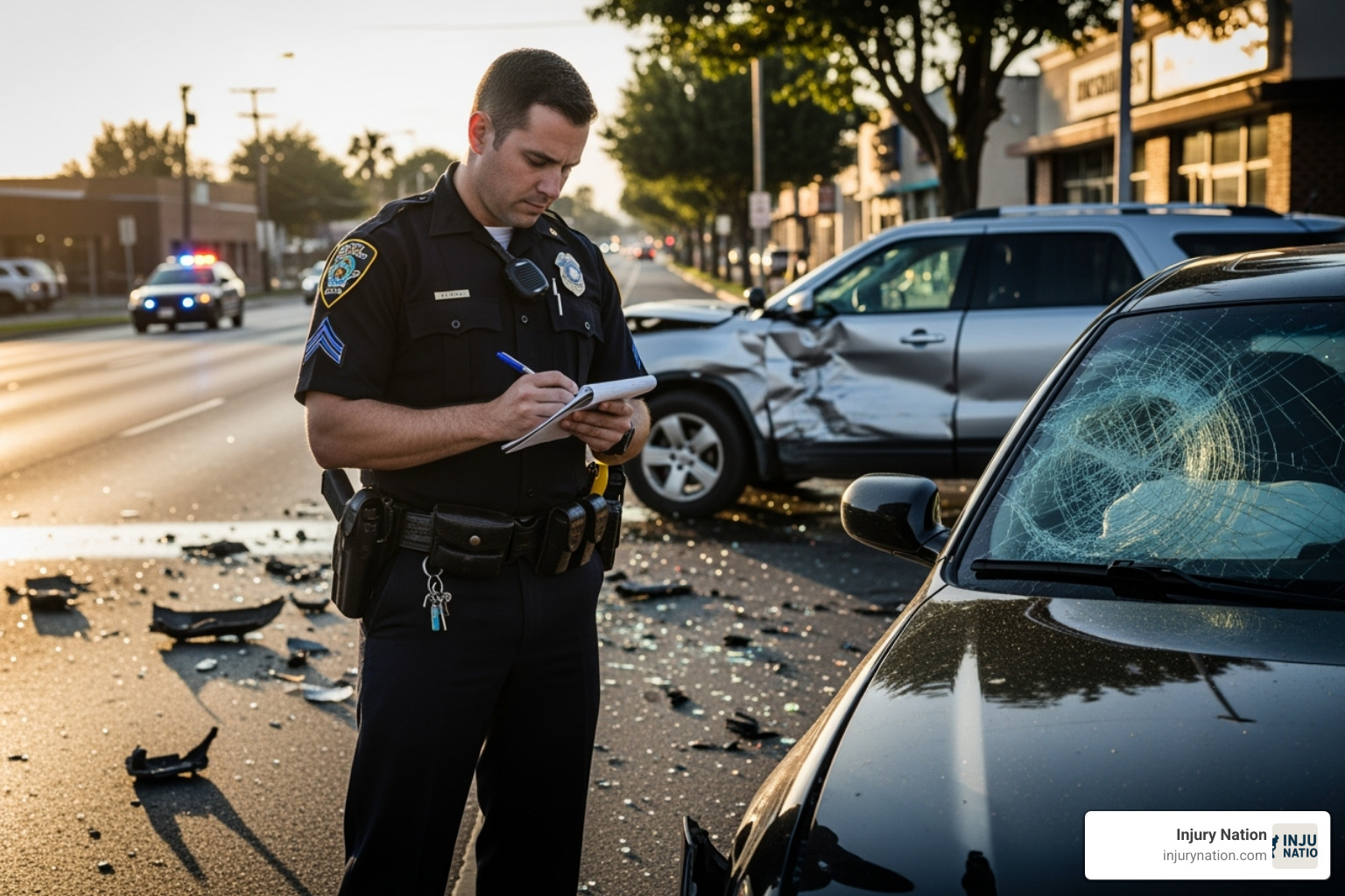 accident scene with a police officer taking notes - soft tissue injury lawyer