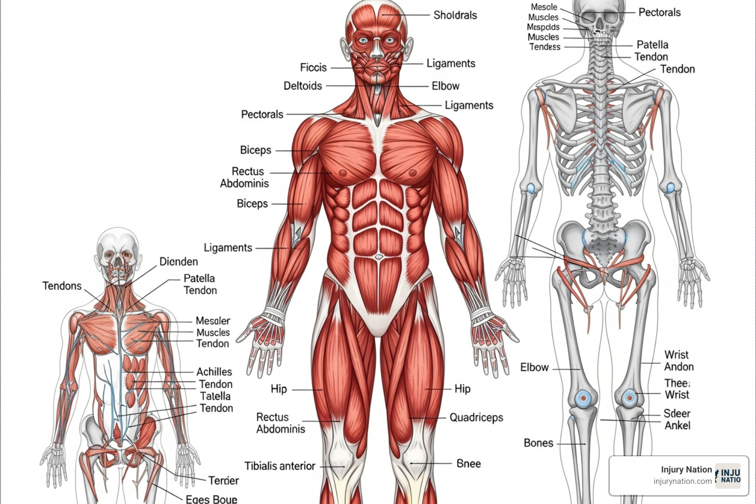 diagram showing muscles, ligaments, and tendons in the human body - soft tissue injury lawyer