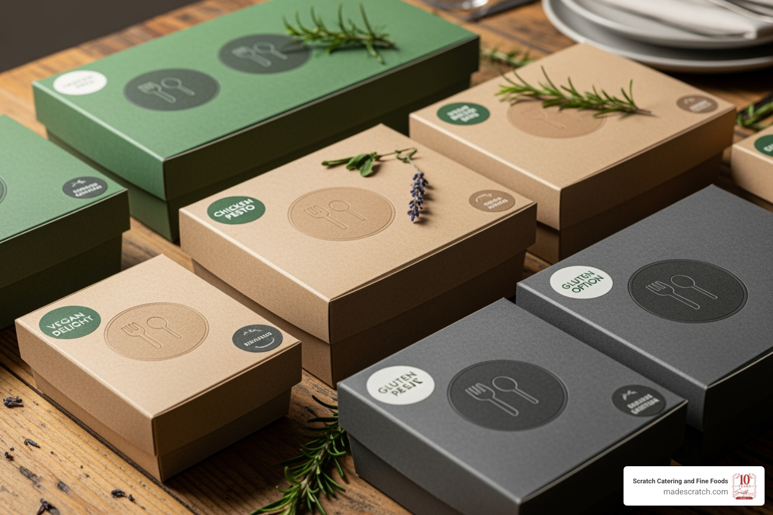 Sleek, sustainable, and branded catering packaging, showcasing individual meal boxes made from recycled materials with neat branding - convenient meal solutions Sleek, sustainable, and branded catering packaging, showcasing individual meal boxes made from recycled materials with neat branding - convenient meal solutions