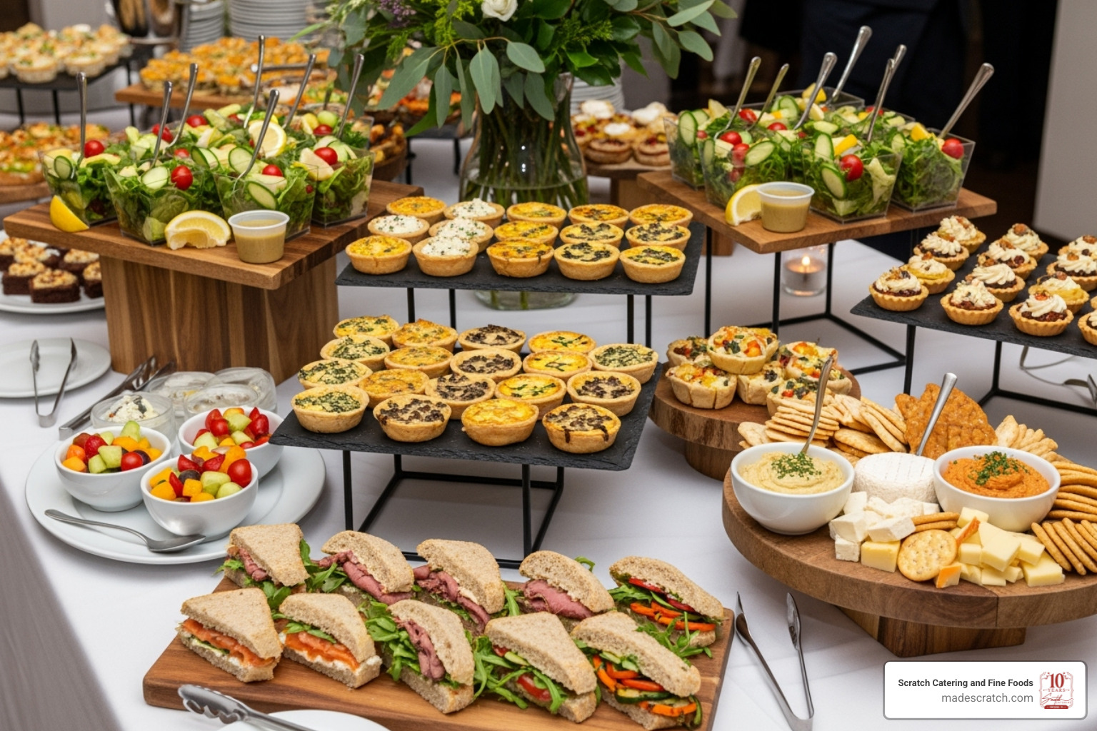 A beautifully arranged buffet table at a catered event, showcasing diverse and appealing convenient meal solutions like individual salads, mini quiches, and gourmet sandwiches - convenient meal solutions A beautifully arranged buffet table at a catered event, showcasing diverse and appealing convenient meal solutions like individual salads, mini quiches, and gourmet sandwiches - convenient meal solutions