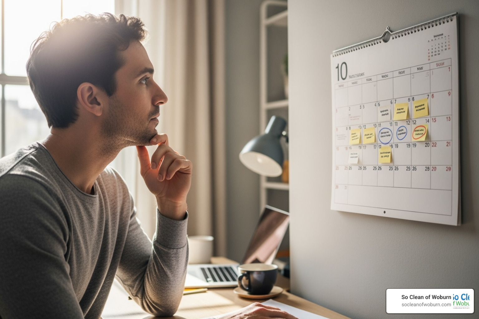person looking thoughtfully at a calendar - bi-weekly house cleaning