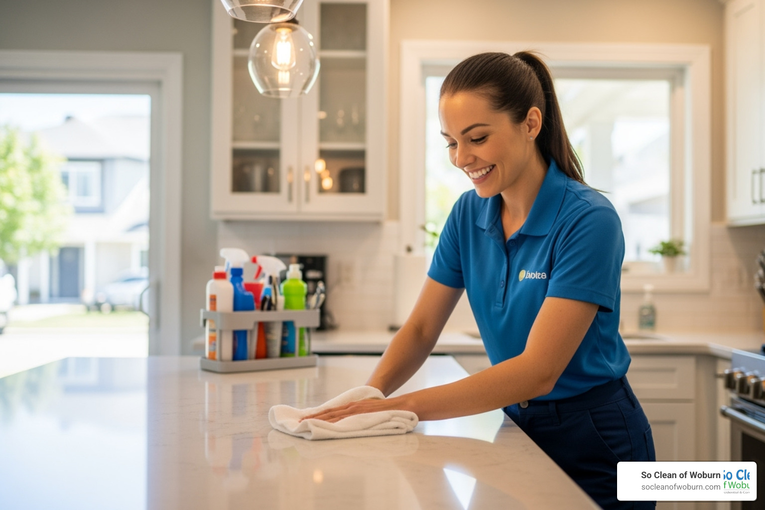 professional cleaner smiling while wiping a kitchen countertop - bi-weekly house cleaning