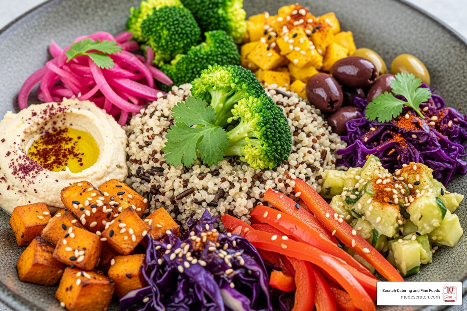 A vibrant plate showcasing plant-based and ethnic food trends, with colorful vegetables, grains, and spices arranged artfully - convenient meal solutions A vibrant plate showcasing plant-based and ethnic food trends, with colorful vegetables, grains, and spices arranged artfully - convenient meal solutions