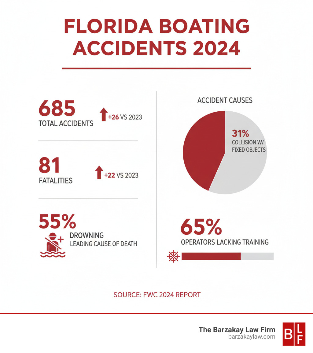 Comprehensive infographic showing Florida boating accident statistics for 2024, including 685 total accidents, 81 fatalities, breakdown of accident causes with collision with fixed objects at 31%, drowning as leading cause of death at 55%, 65% of fatal accident operators lacking formal training, and comparison with 2023 numbers showing increases - florida boating accident infographic  Comprehensive infographic showing Florida boating accident statistics for 2024, including 685 total accidents, 81 fatalities, breakdown of accident causes with collision with fixed objects at 31%, drowning as leading cause of death at 55%, 65% of fatal accident operators lacking formal training, and comparison with 2023 numbers showing increases - florida boating accident infographic