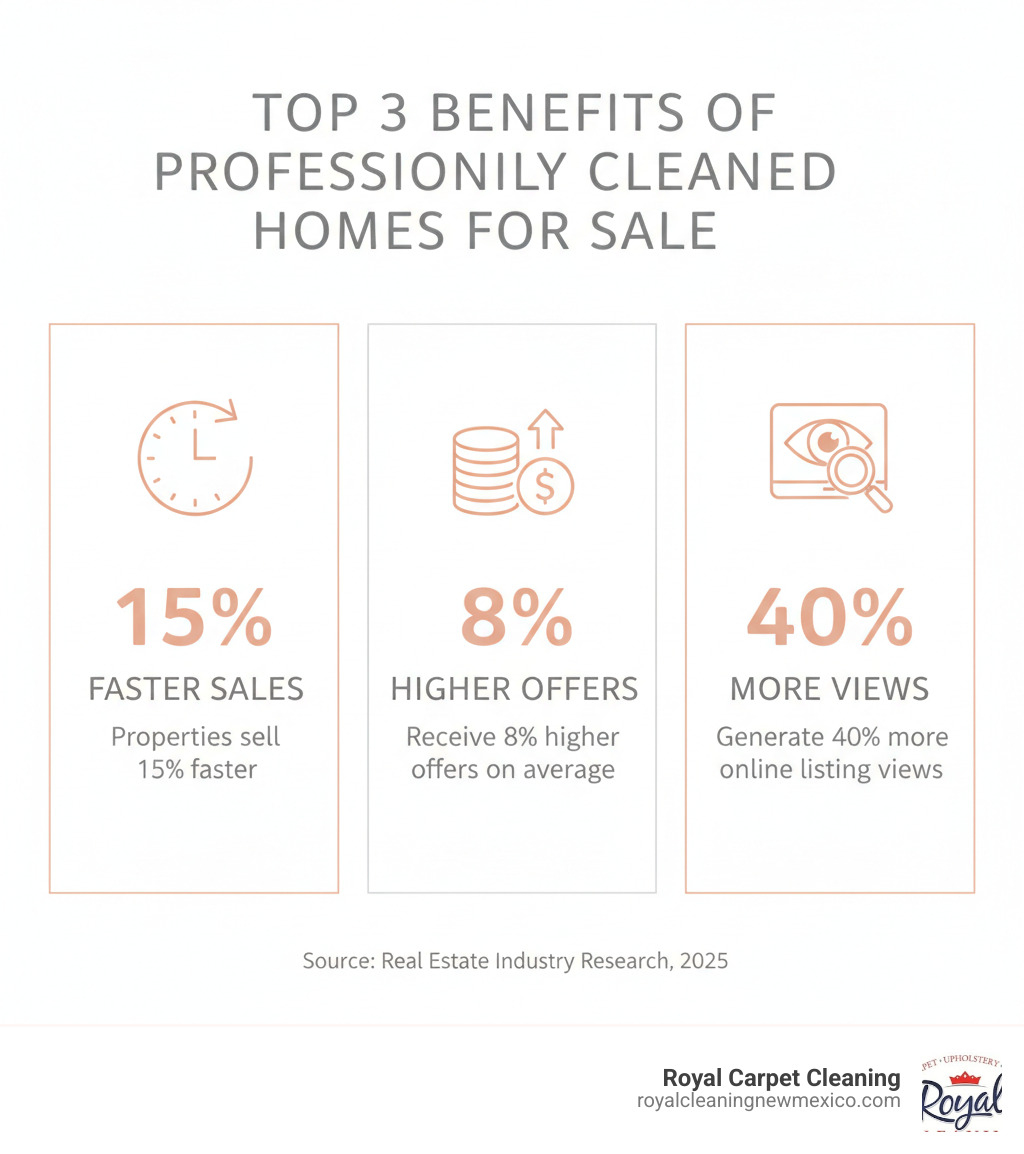 Infographic showing the top 3 benefits of professionally cleaned homes for sale: properties sell 15% faster, receive 8% higher offers on average, and generate 40% more online listing views - real estate cleaning infographic 