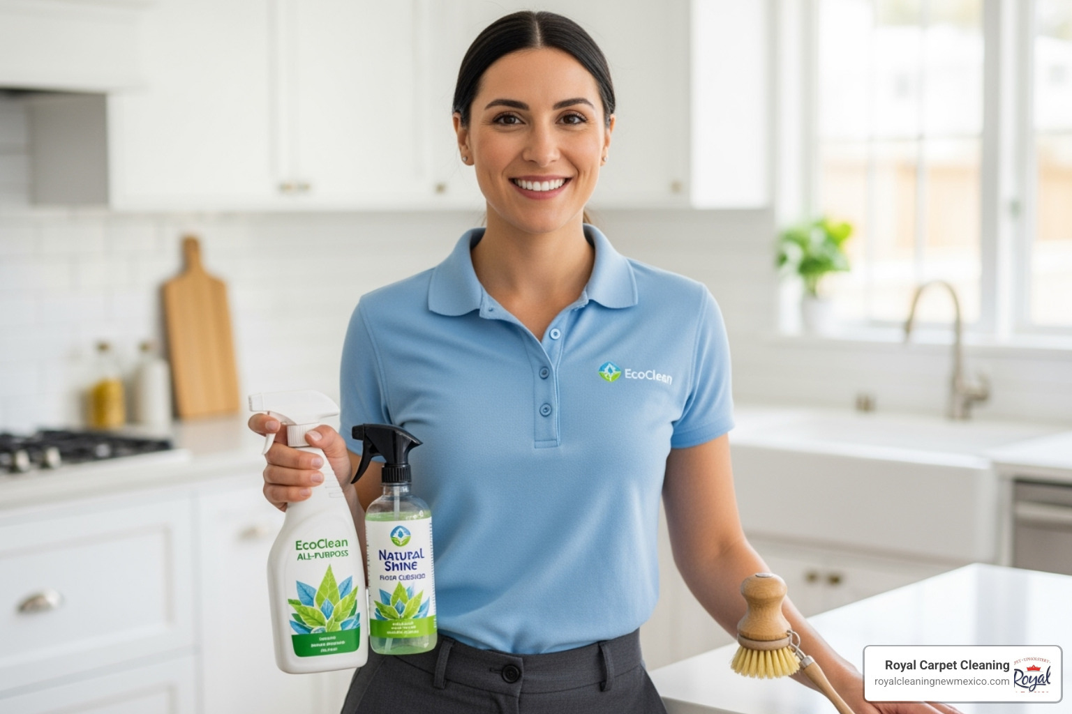 a friendly cleaning professional in uniform holding eco-friendly products - real estate cleaning