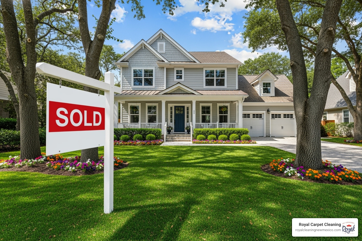 a "Sold" sign in front of a pristine-looking house - real estate cleaning