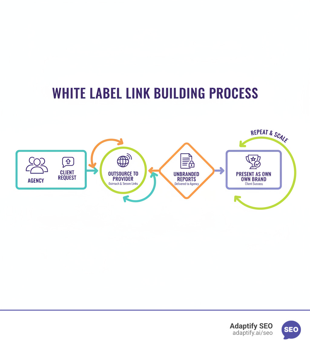 Detailed infographic showing the white label link building process: starting with agency receiving client request, outsourcing to specialized provider who conducts outreach and secures links, provider delivers unbranded reports back to agency, and agency presents results to client under their own brand - white label seo link building infographic