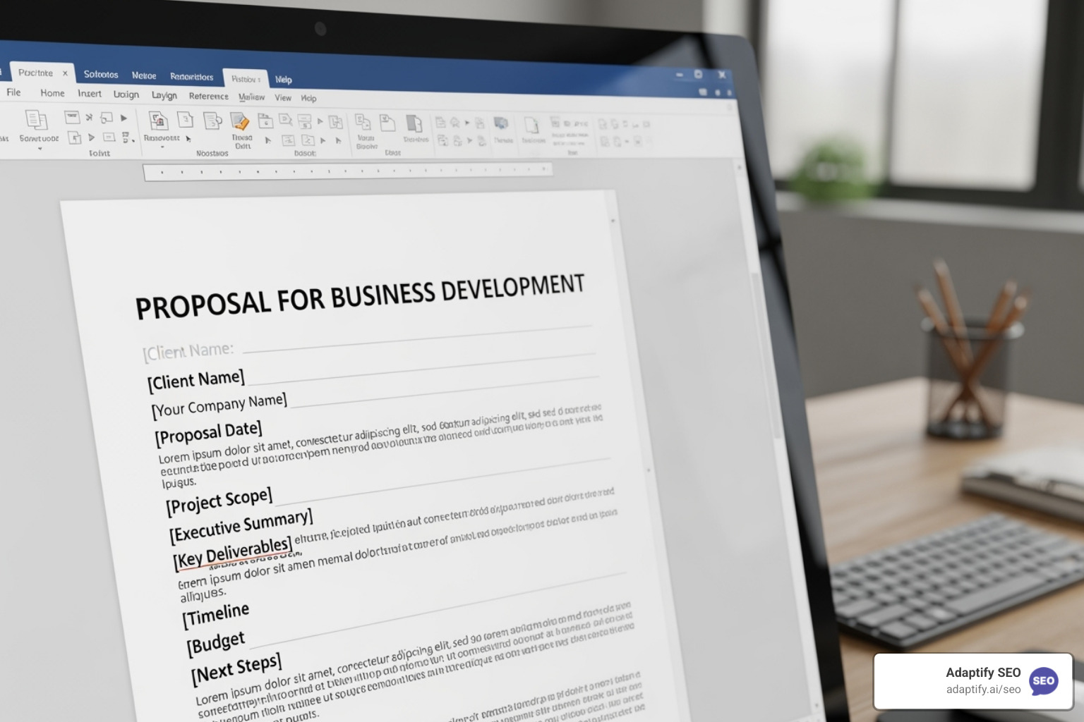 Word document with placeholder text highlighted for editing - seo proposal template word