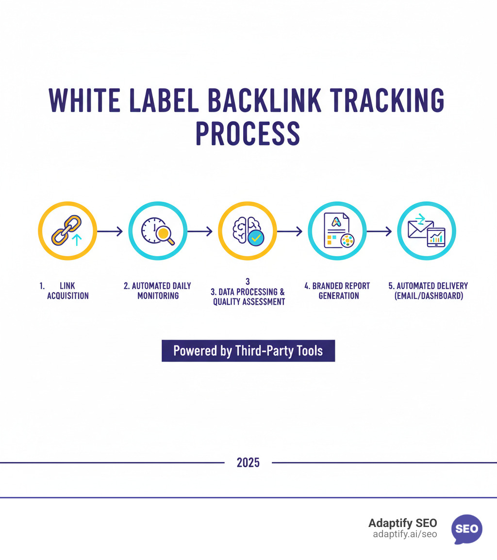 Comprehensive infographic showing the white label backlink tracking process: starting with link acquisition, moving through automated daily monitoring by third-party tools, data processing and quality assessment, branded report generation with agency logos and colors, and ending with automated delivery to clients via email or dashboard access - white label backlink tracking infographic 