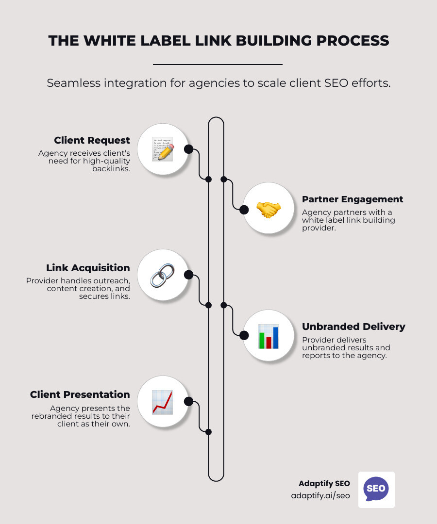 Infographic showing the white label link building process: Agency receives client request, partners with white label provider who handles outreach and link acquisition, provider delivers unbranded results back to agency, agency presents results to client under their own brand - white label link building agency infographic infographic-line-5-steps-neat_beige