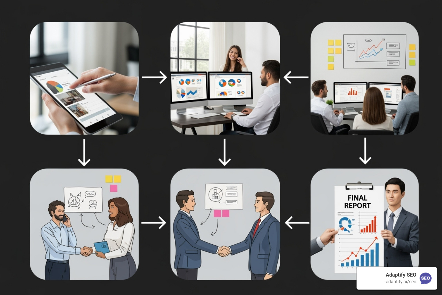 A 6-step process flow illustrating white label link building from order placement, client analysis, strategy development, prospecting, relationship building, to final report delivery - white label seo link building