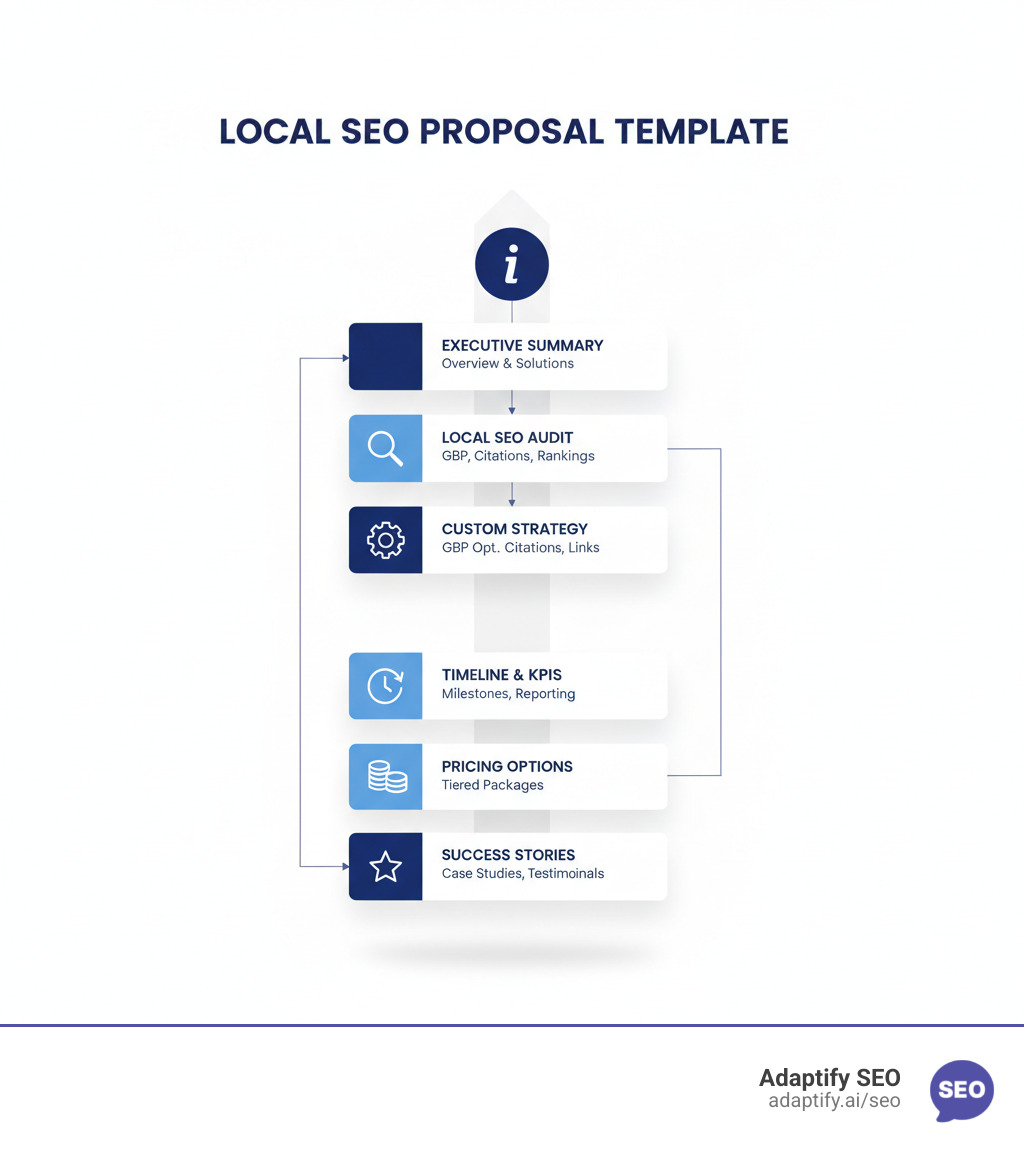 Infographic showing the key components of a successful local SEO proposal template: Executive Summary at the top, followed by Local SEO Audit findings, Custom Strategy section with GBP optimization and citation building, Timeline and KPIs with clear milestones, Pricing options with tiered packages, and Success Stories with case studies and testimonials - local seo proposal templates infographic