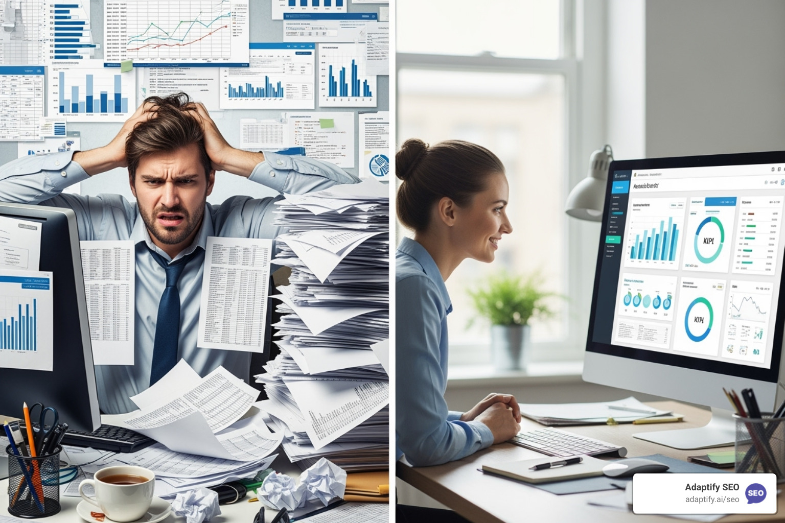 stressed marketer buried in spreadsheets contrasted with a calm marketer looking at an automated dashboard - white label backlink tracking