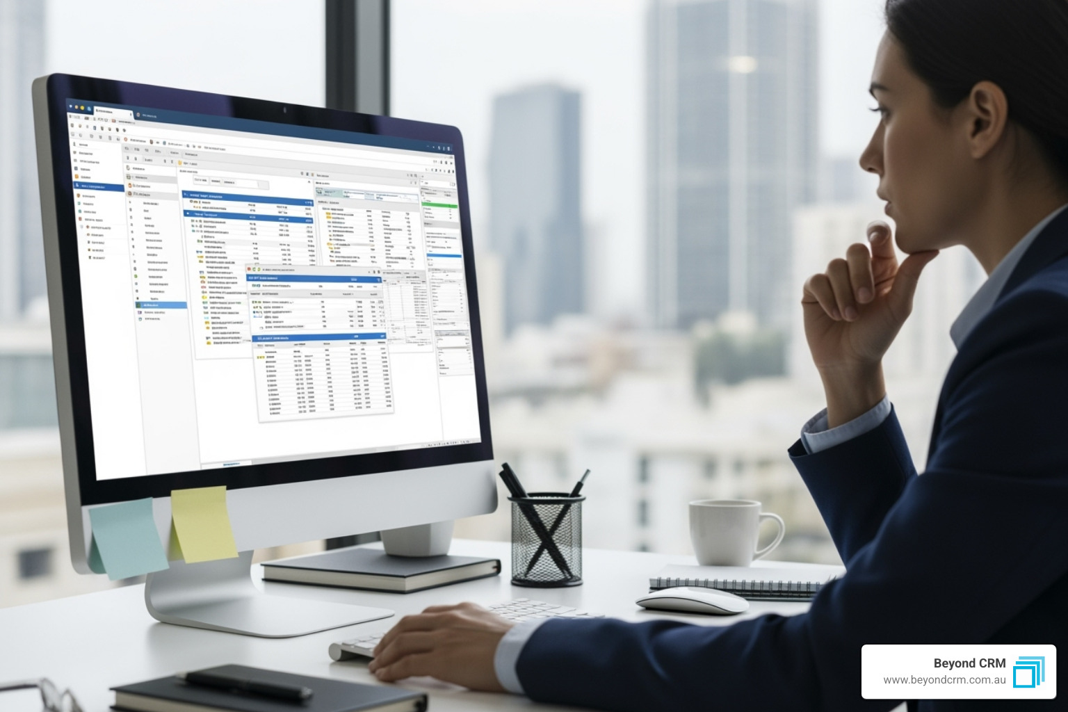 Person evaluating different software options on a screen - CRM benefits small business