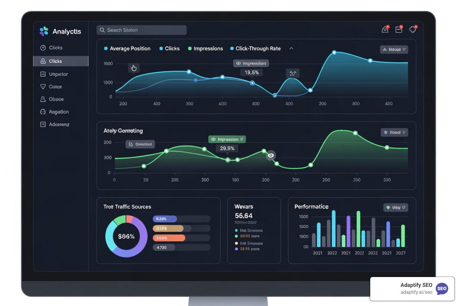 Sample SEO Audit Dashboard showing Google Search Console data for a website's performance, including average position, clicks, impressions, and CTR over time, with a focus on identifying opportunities and issues. - sample seo proposal