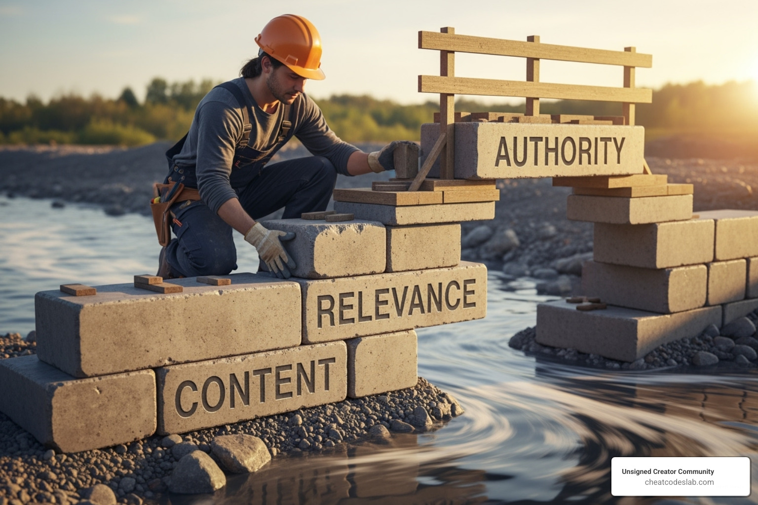 Person building a strong bridge with bricks labeled "Content," "Relevance," and "Authority" - auto backlink tool Person building a strong bridge with bricks labeled "Content," "Relevance," and "Authority" - auto backlink tool