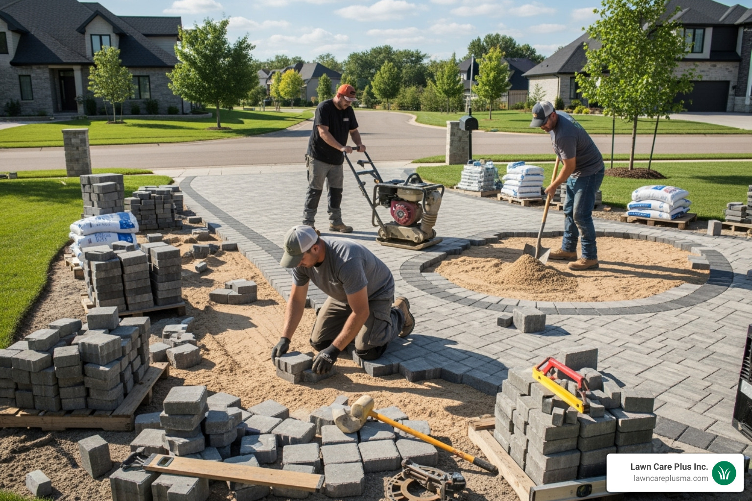 A professional hardscaping team carefully laying pavers - driveway pavers cost A professional hardscaping team carefully laying pavers - driveway pavers cost