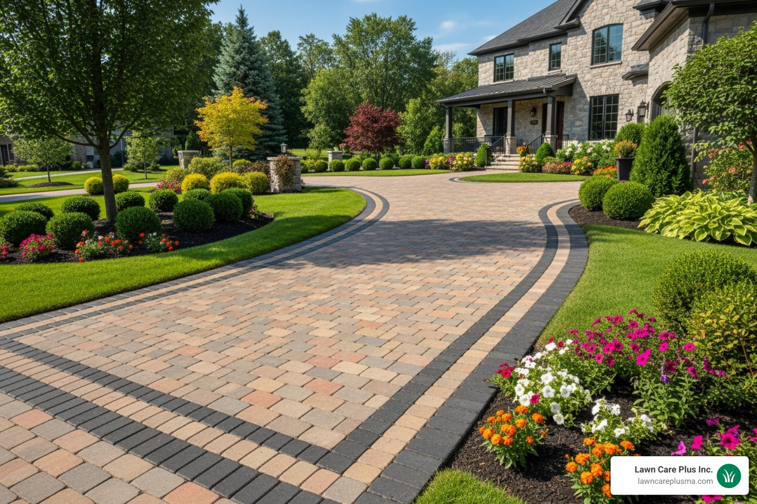 A complex paver driveway with curves and a decorative border - driveway pavers cost A complex paver driveway with curves and a decorative border - driveway pavers cost