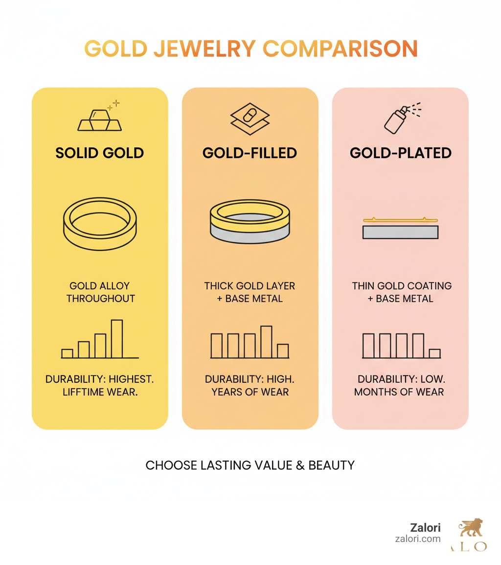 Comparison chart showing the composition and durability differences between solid gold (gold alloy throughout), gold-filled (thick gold layer bonded to base metal), and gold-plated jewelry (thin gold coating over base metal) - solid gold fashion jewelry infographic Comparison chart showing the composition and durability differences between solid gold (gold alloy throughout), gold-filled (thick gold layer bonded to base metal), and gold-plated jewelry (thin gold coating over base metal) - solid gold fashion jewelry infographic