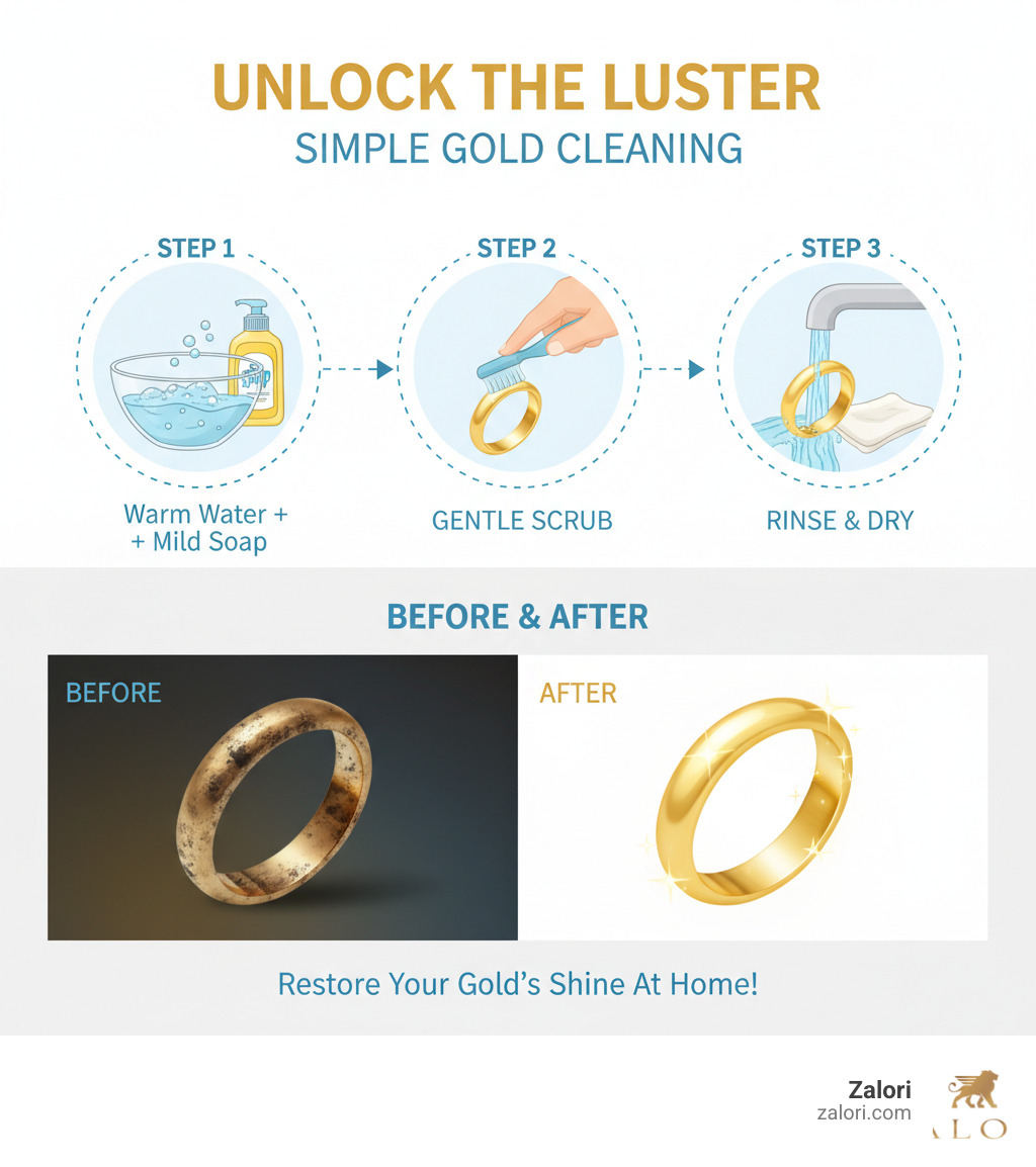 Infographic showing step-by-step gold cleaning process with before and after images of a tarnished gold ring being restored to brilliant shine using dish soap, warm water, and gentle scrubbing techniques - easy way to clean gold infographic 
