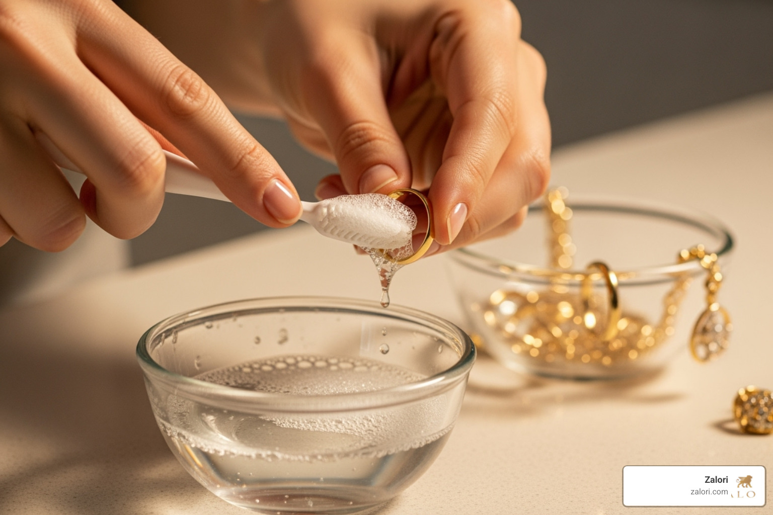 illustrating the soaking and gentle scrubbing steps - easy way to clean gold