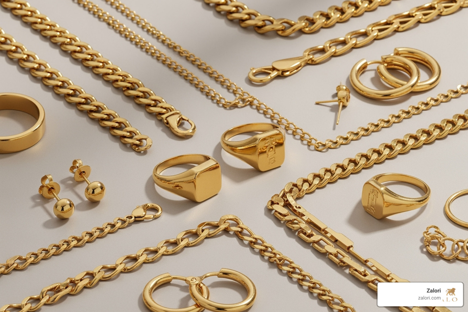 flat lay of various solid gold jewelry pieces like chains, rings, and earrings - solid gold fashion jewelry flat lay of various solid gold jewelry pieces like chains, rings, and earrings - solid gold fashion jewelry