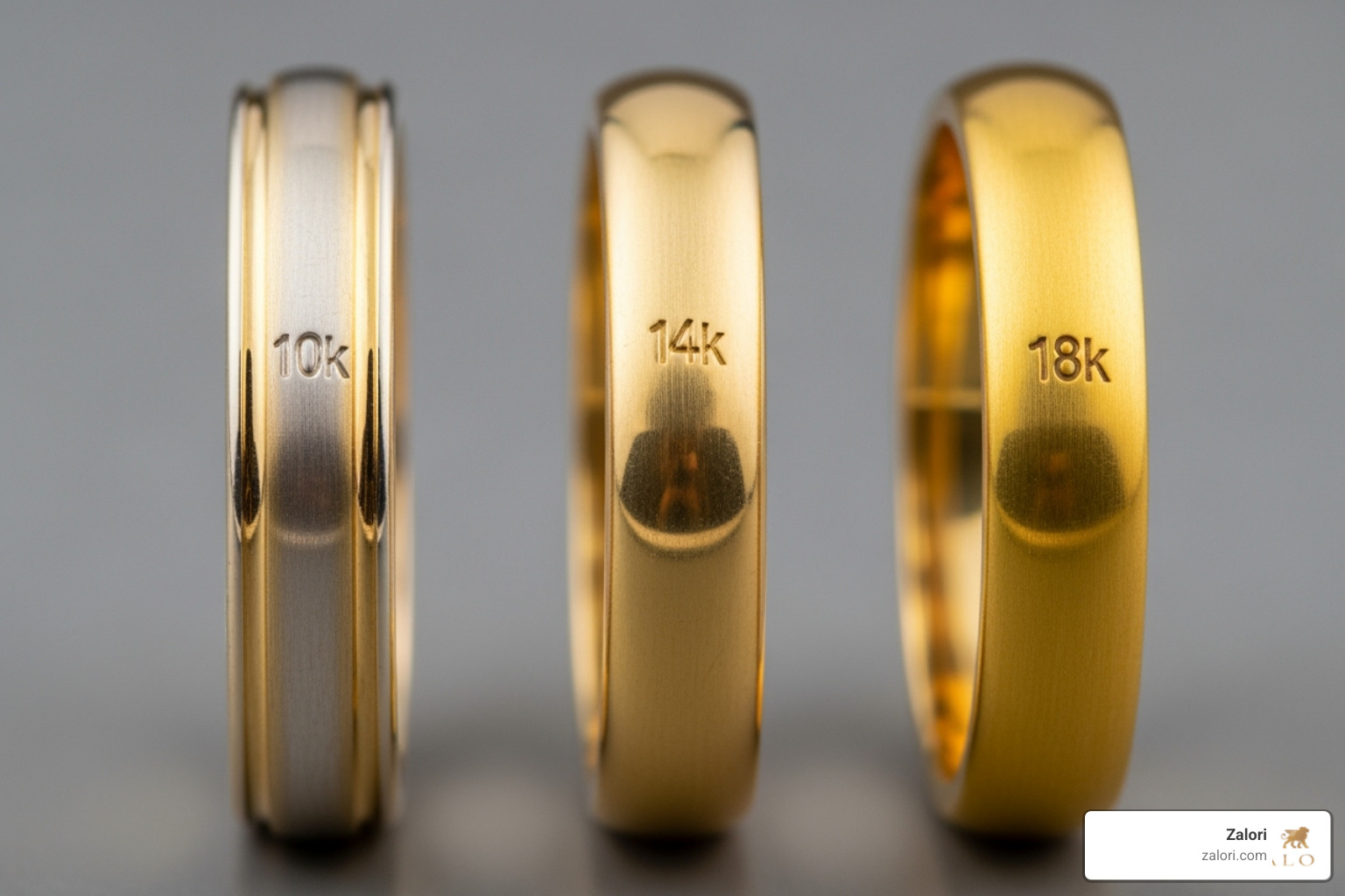 three gold rings in 10k, 14k, and 18k showing slight color differences - solid gold fashion jewelry three gold rings in 10k, 14k, and 18k showing slight color differences - solid gold fashion jewelry