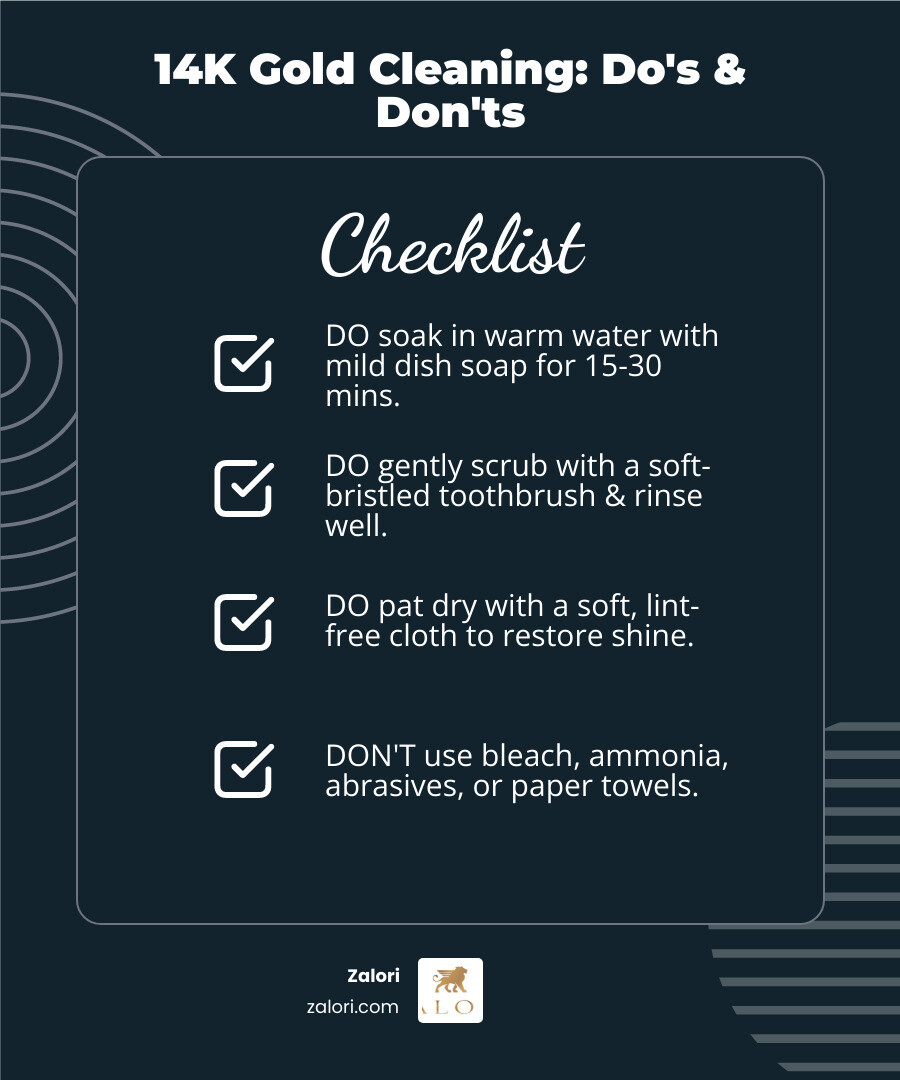 Infographic showing step-by-step gold jewelry cleaning process with do's and don'ts, including proper soaking technique, gentle brushing method, safe drying process, and materials to avoid like bleach and abrasives - best way to clean 14k gold jewelry infographic checklist-dark-blue Infographic showing step-by-step gold jewelry cleaning process with do's and don'ts, including proper soaking technique, gentle brushing method, safe drying process, and materials to avoid like bleach and abrasives - best way to clean 14k gold jewelry infographic checklist-dark-blue
