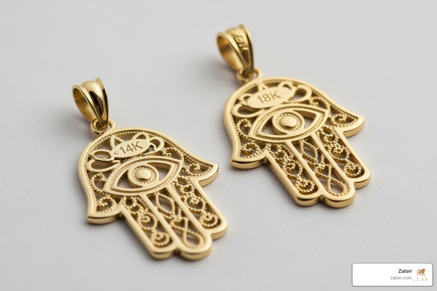 comparison of a 14k and 18k gold hamsa pendant side-by-side - solid gold hamsa necklace