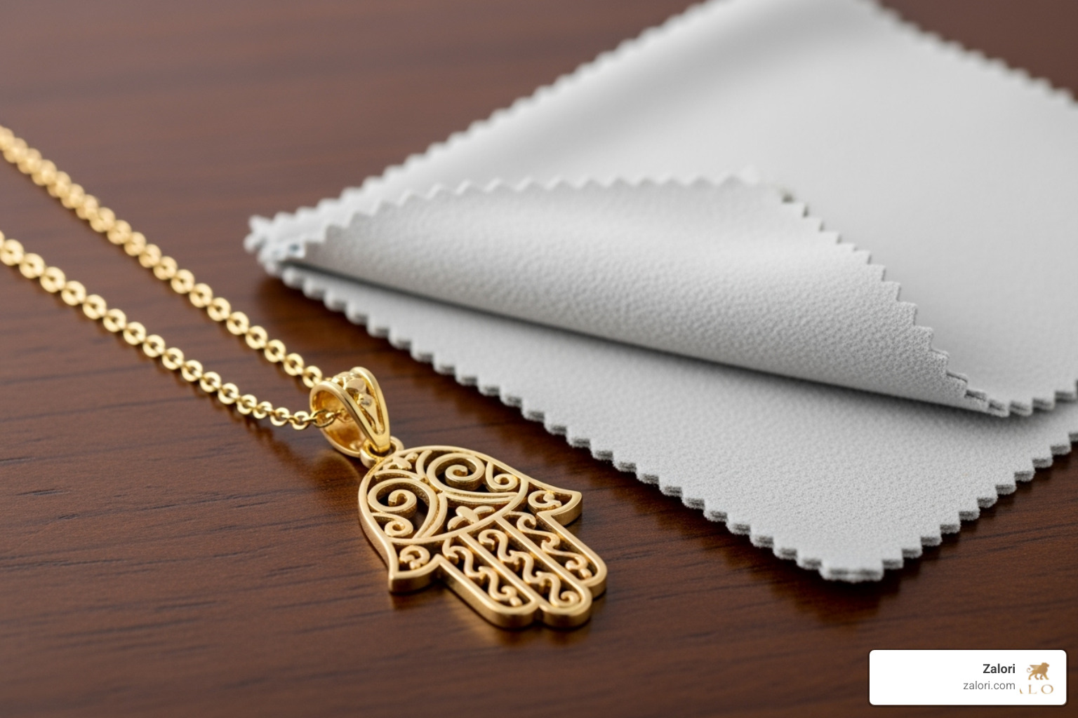 jewelry polishing cloth next to a hamsa necklace - solid gold hamsa necklace