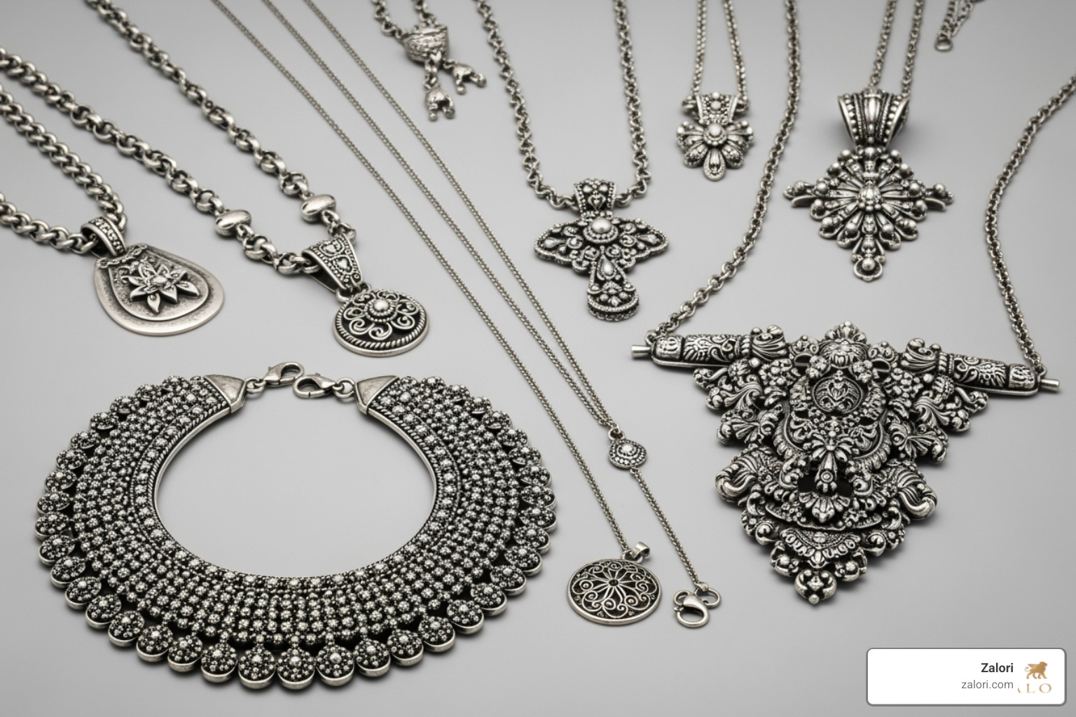 Variety of Balinese silver necklace styles, including a chunky collar necklace, a long delicate chain with a small pendant, and a statement pendant necklace - balinese silver necklace