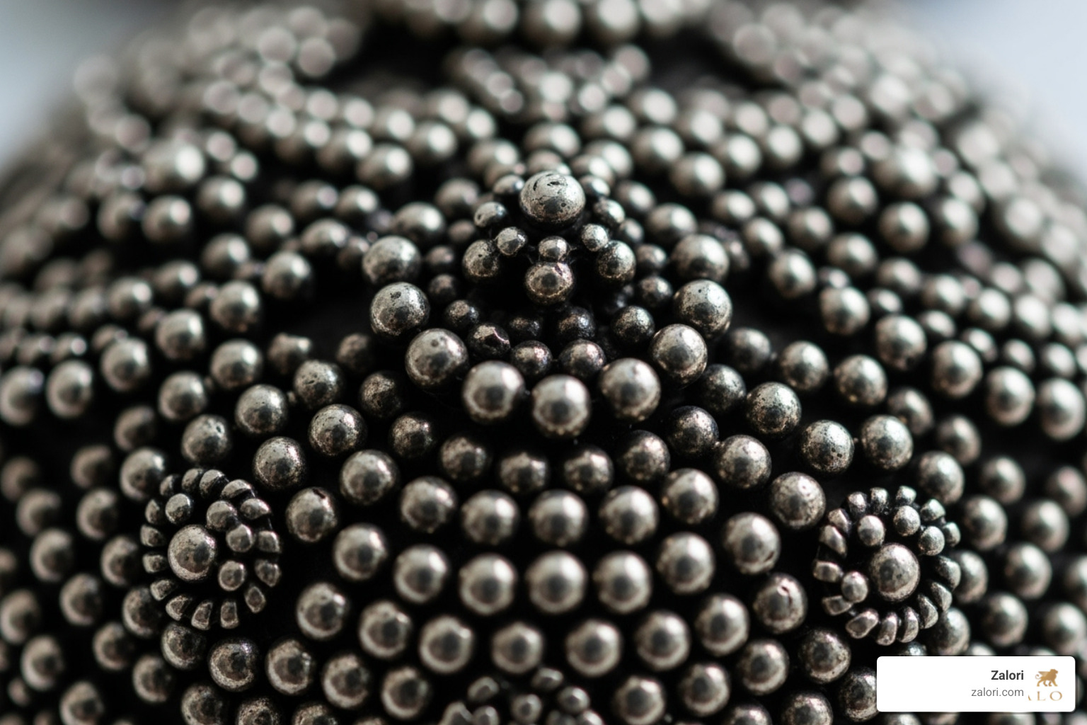 Close-up shot showing the detailed granulation (Jawan) technique on a necklace, with tiny silver beads forming intricate patterns - balinese silver necklace