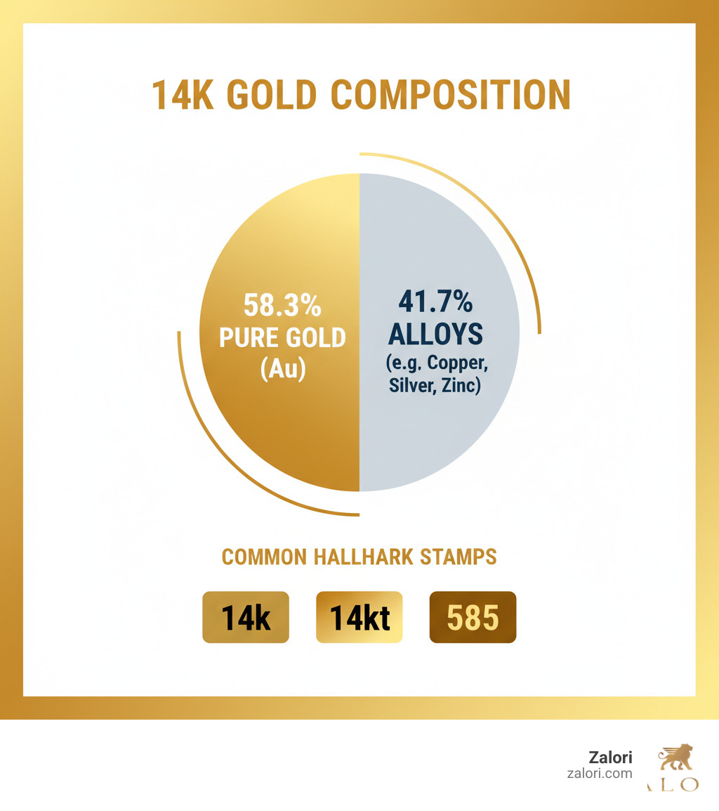 Infographic showing 14k gold composition with 58.3% pure gold and 41.7% alloys, including common hallmark stamps like "14k", "14kt", and "585" - 14 ct gold pendant infographic Infographic showing 14k gold composition with 58.3% pure gold and 41.7% alloys, including common hallmark stamps like "14k", "14kt", and "585" - 14 ct gold pendant infographic