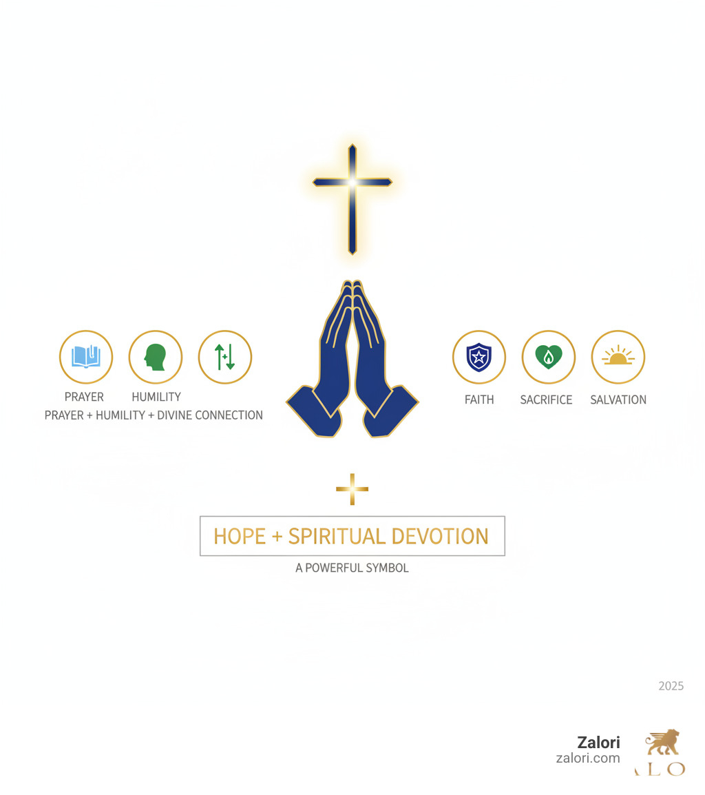 Detailed infographic showing the symbolism of praying hands representing prayer, humility, and divine connection, combined with the cross symbolizing faith, sacrifice, and salvation, illustrating how together they create a powerful symbol of hope and spiritual devotion - praying hands with cross necklace infographic Detailed infographic showing the symbolism of praying hands representing prayer, humility, and divine connection, combined with the cross symbolizing faith, sacrifice, and salvation, illustrating how together they create a powerful symbol of hope and spiritual devotion - praying hands with cross necklace infographic