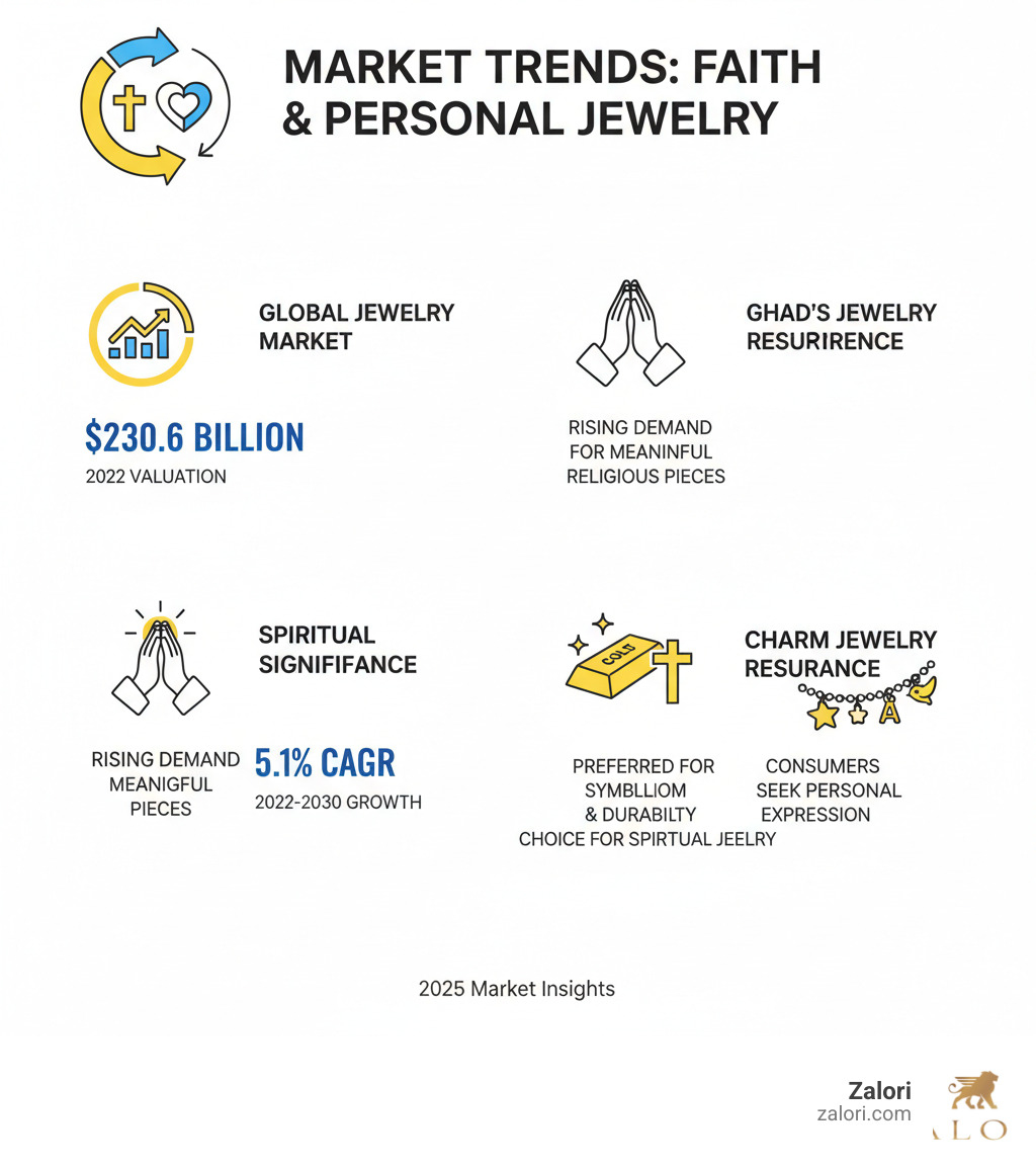 Infographic showing the growth of personalized and religious jewelry market, featuring key statistics: global jewelry market valued at $230.6 billion in 2022 with 5.1% CAGR through 2030, rising demand for meaningful religious pieces, gold remaining the preferred choice for spiritual jewelry due to symbolism and durability, and charm jewelry experiencing resurgence as consumers seek personal expression - christian gold charms infographic Infographic showing the growth of personalized and religious jewelry market, featuring key statistics: global jewelry market valued at $230.6 billion in 2022 with 5.1% CAGR through 2030, rising demand for meaningful religious pieces, gold remaining the preferred choice for spiritual jewelry due to symbolism and durability, and charm jewelry experiencing resurgence as consumers seek personal expression - christian gold charms infographic