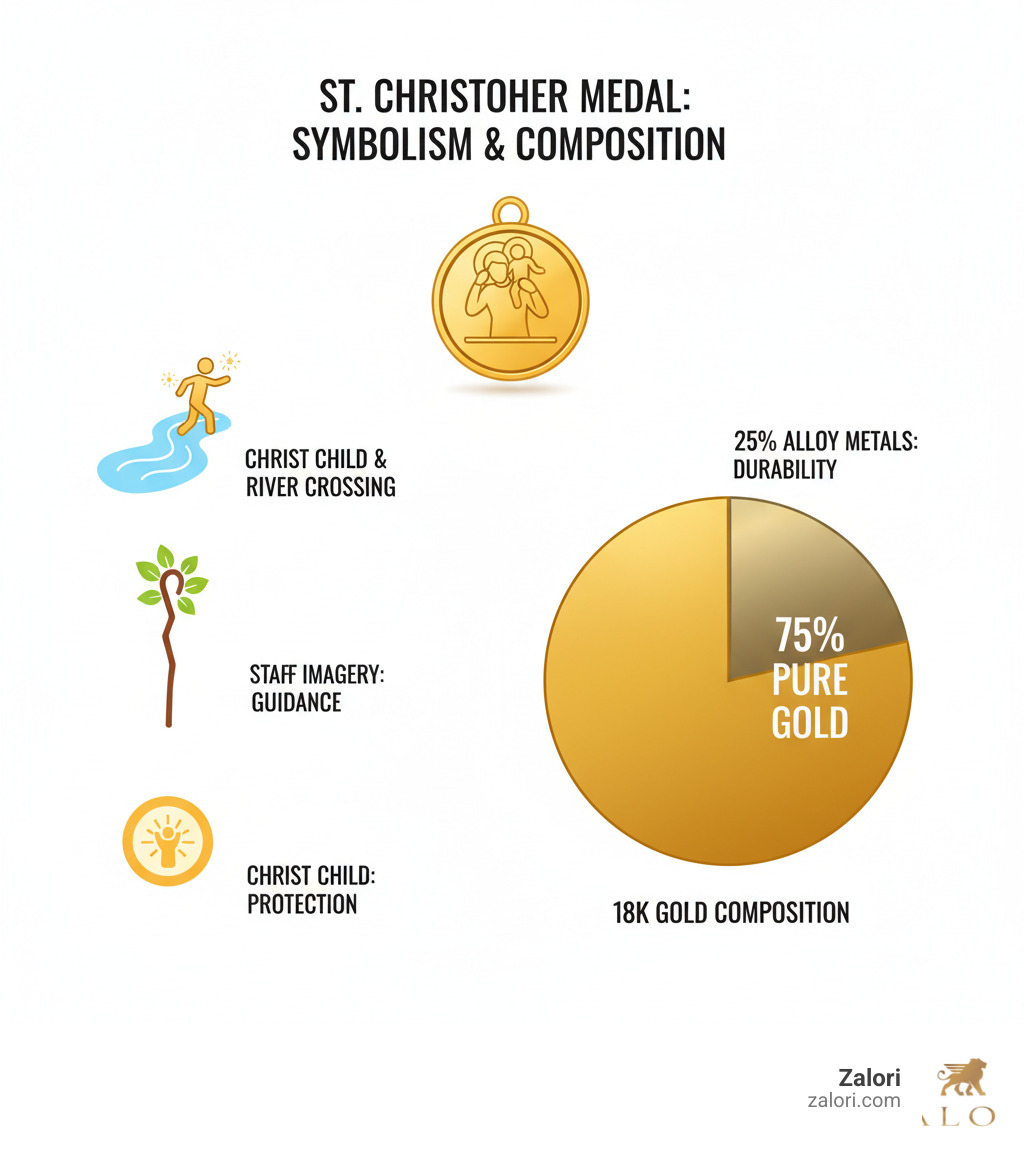 Detailed infographic showing St. Christopher medal symbolism including the Christ child, river crossing scene, staff imagery, and 18k gold composition breakdown with 75% gold and 25% alloy metals for durability - 18 carat gold st christopher infographic Detailed infographic showing St. Christopher medal symbolism including the Christ child, river crossing scene, staff imagery, and 18k gold composition breakdown with 75% gold and 25% alloy metals for durability - 18 carat gold st christopher infographic
