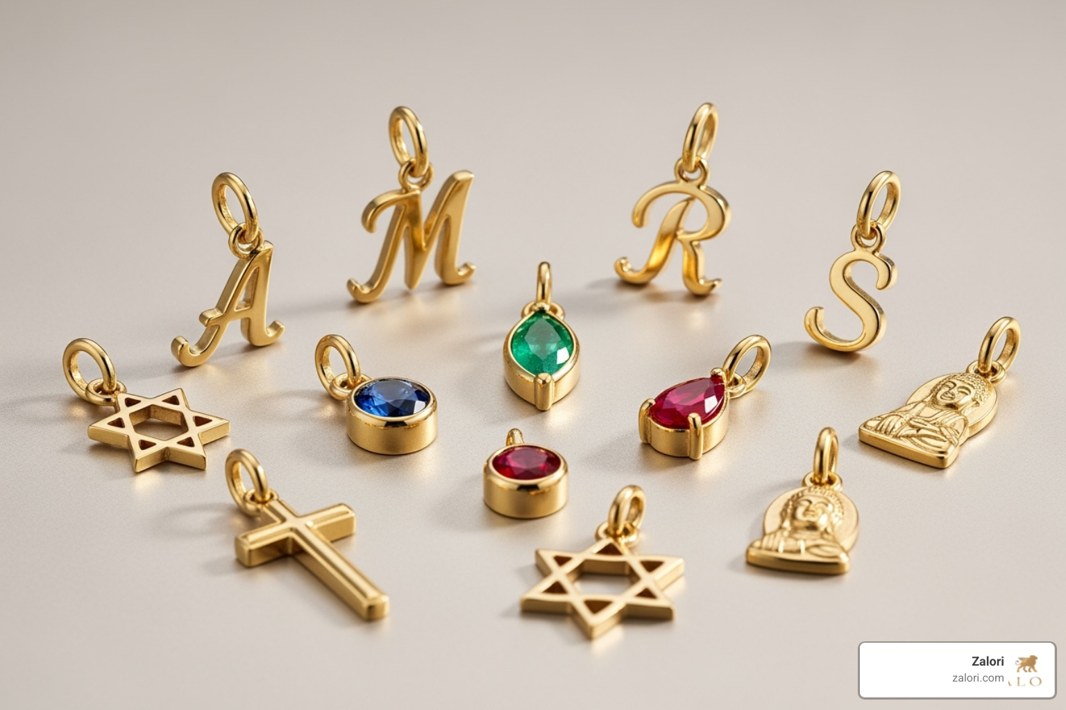Collection of different 14k gold pendant styles, including initial, gemstone, and religious motifs - 14 ct gold pendant Collection of different 14k gold pendant styles, including initial, gemstone, and religious motifs - 14 ct gold pendant