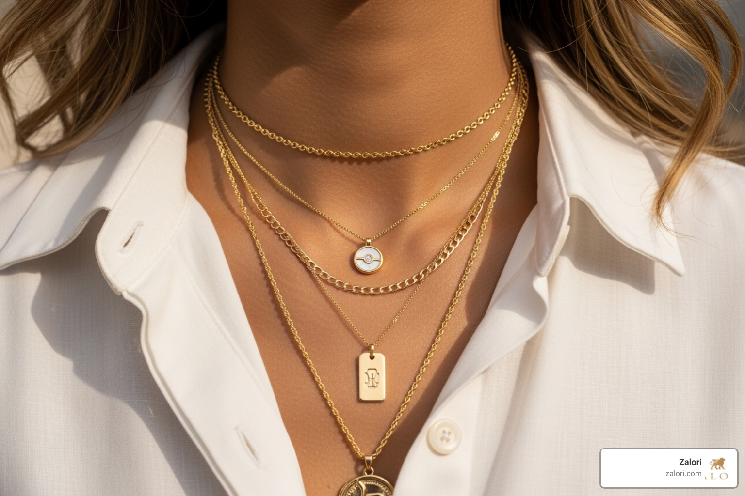 Person stylishly layering multiple 14k gold necklaces and pendants - 14 ct gold pendant Person stylishly layering multiple 14k gold necklaces and pendants - 14 ct gold pendant