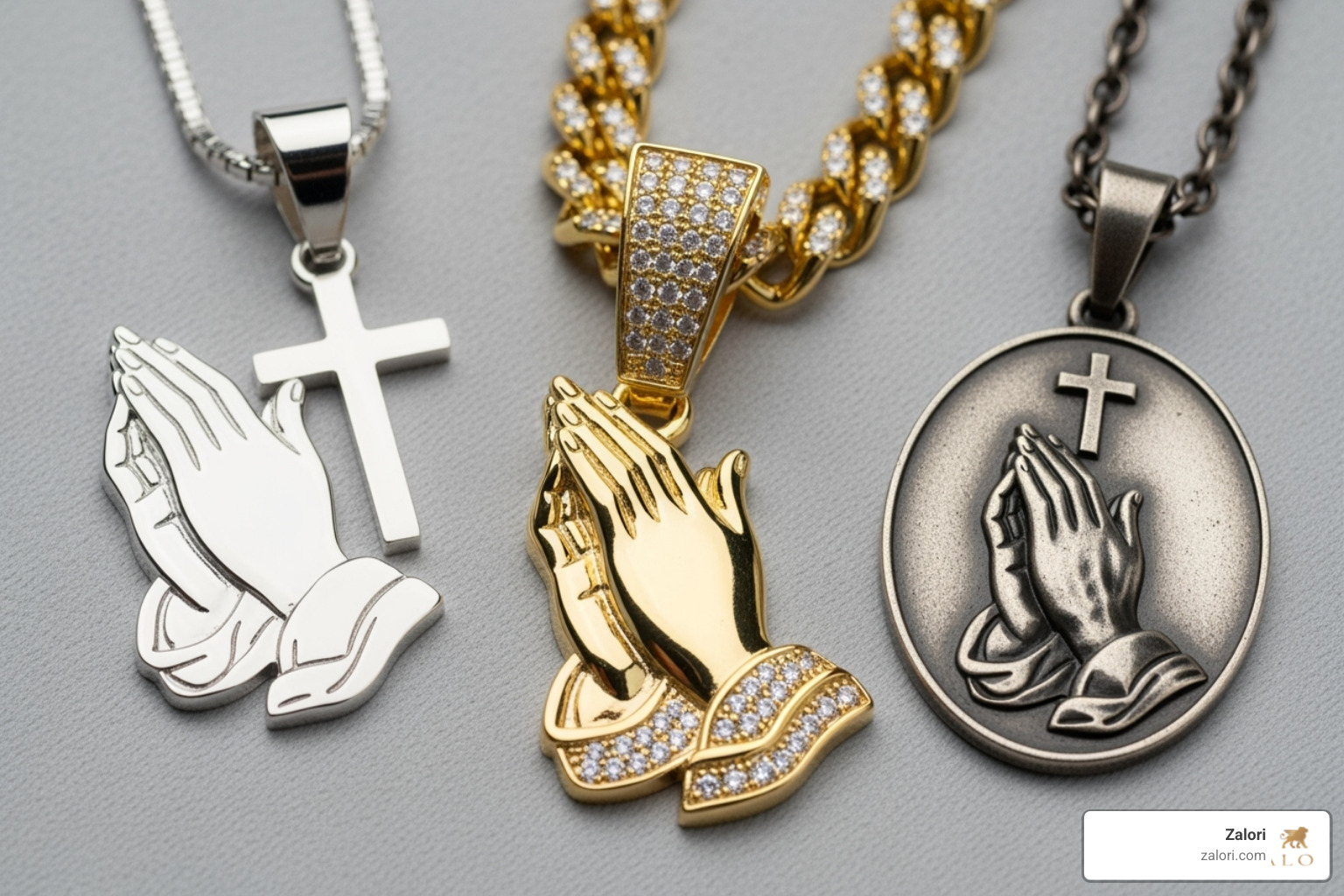 variety of Zalori styles: a minimalist pendant, an iced-out version, and an oval medal - praying hands with cross necklace variety of Zalori styles: a minimalist pendant, an iced-out version, and an oval medal - praying hands with cross necklace