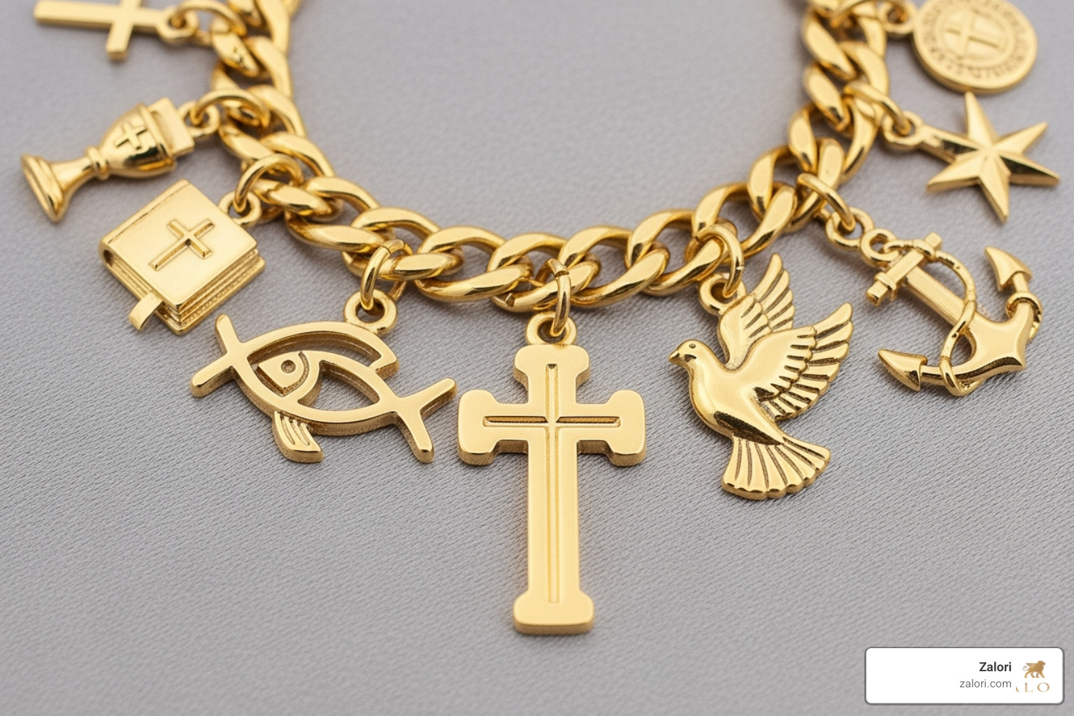 charm bracelet adorned with various Christian symbols - christian gold charms charm bracelet adorned with various Christian symbols - christian gold charms