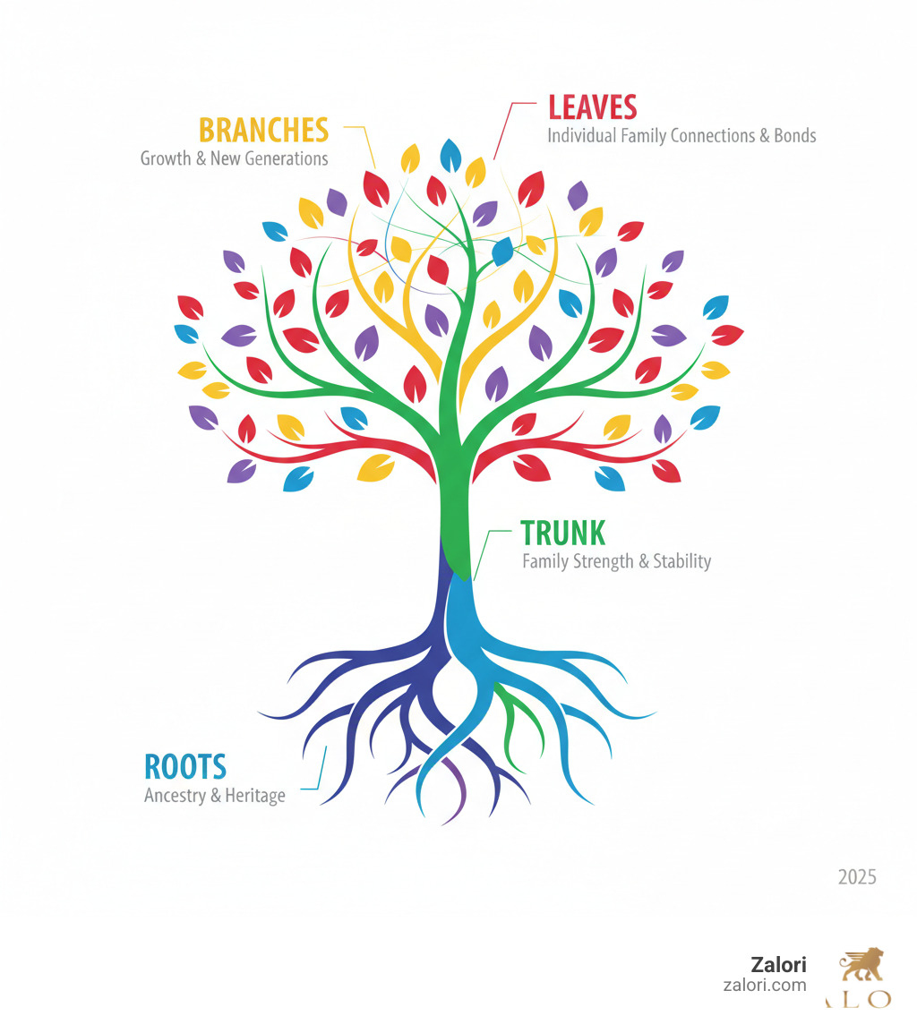 Infographic showing Tree of Life symbolism with roots representing ancestry and heritage, trunk symbolizing family strength and stability, branches representing growth and new generations, and leaves showing individual family connections and bonds - tree of life birthstone pendant infographic Infographic showing Tree of Life symbolism with roots representing ancestry and heritage, trunk symbolizing family strength and stability, branches representing growth and new generations, and leaves showing individual family connections and bonds - tree of life birthstone pendant infographic