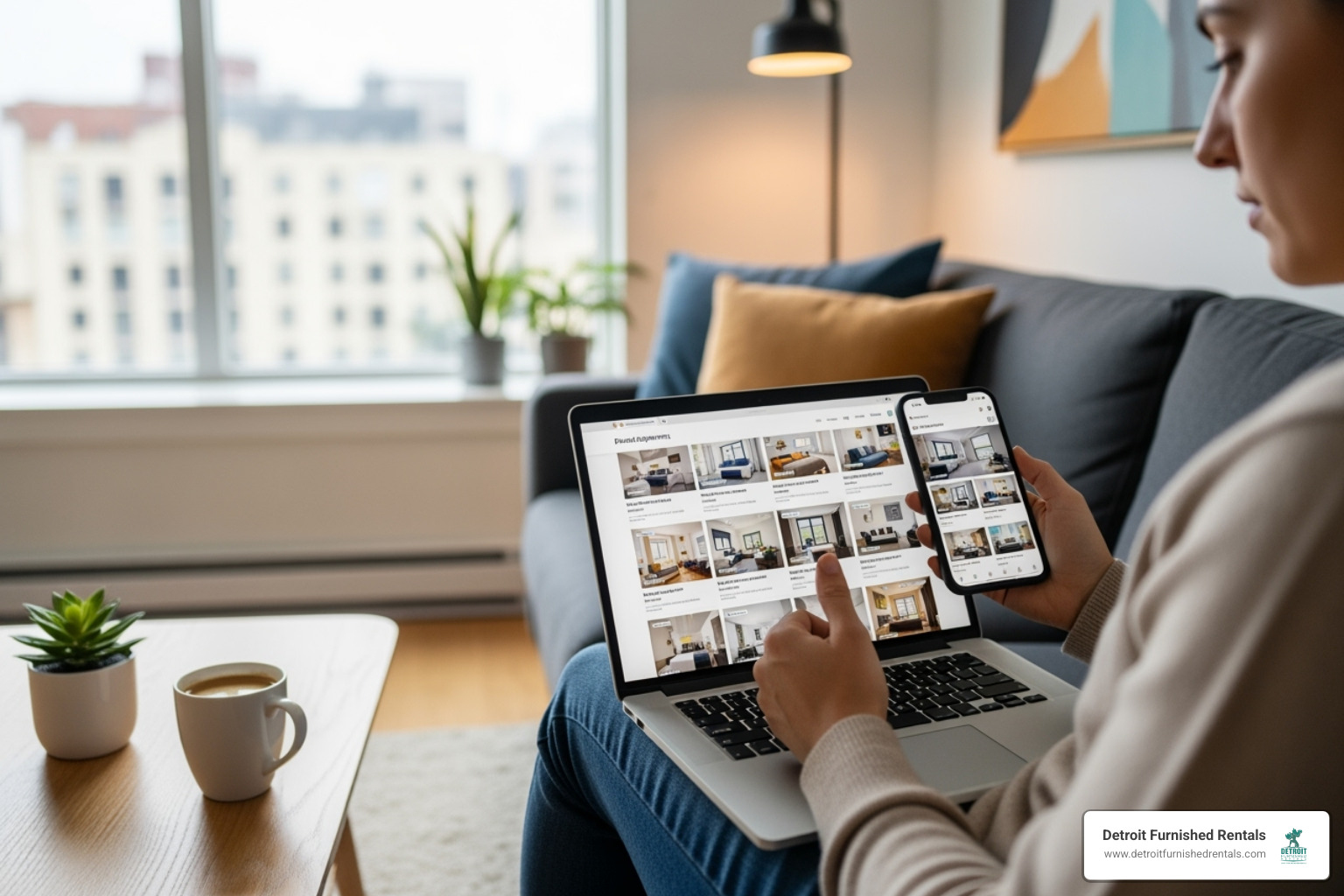 person using laptop and phone to browse furnished rental listings - Fully furnished rentals