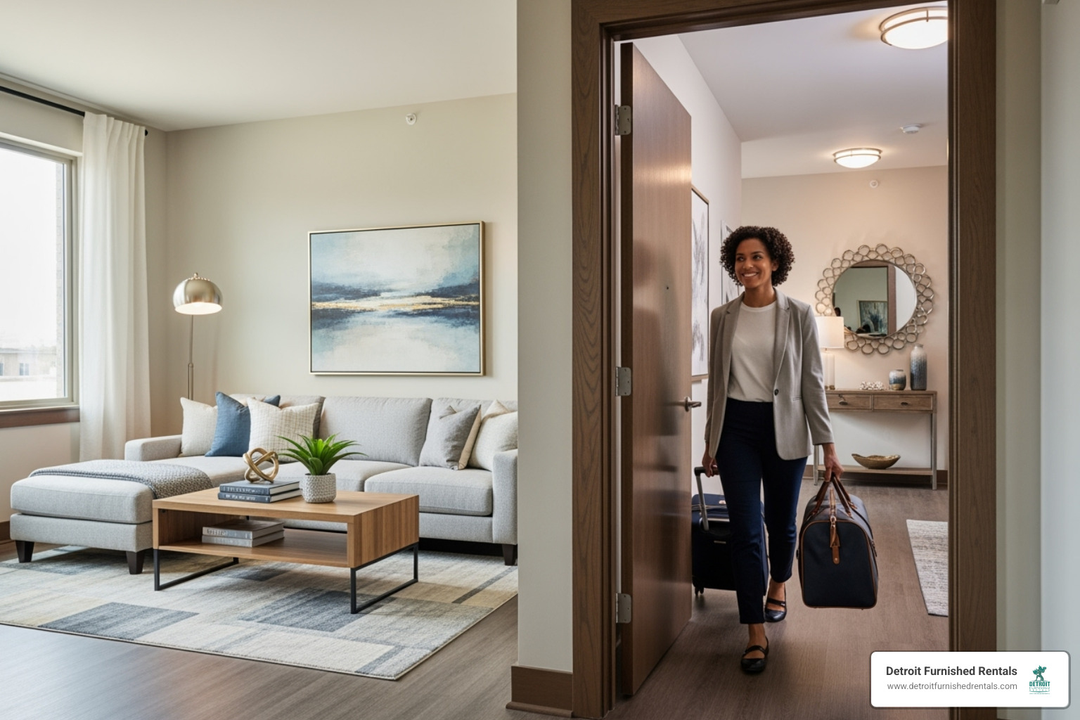 person with suitcase enters apartment - Fully furnished rentals