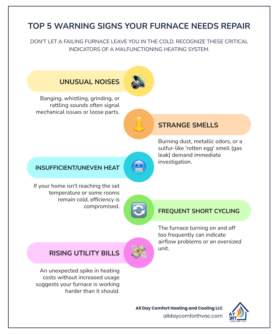 Infographic showing the top 5 warning signs that indicate a furnace needs professional repair: unusual noises like banging or rattling, strange burning or gas odors, insufficient or uneven heating throughout the home, frequent on-off cycling, and rising utility bills without increased usage - residential heating repair raytown mo infographic infographic-line-5-steps-colors Infographic showing the top 5 warning signs that indicate a furnace needs professional repair: unusual noises like banging or rattling, strange burning or gas odors, insufficient or uneven heating throughout the home, frequent on-off cycling, and rising utility bills without increased usage - residential heating repair raytown mo infographic infographic-line-5-steps-colors