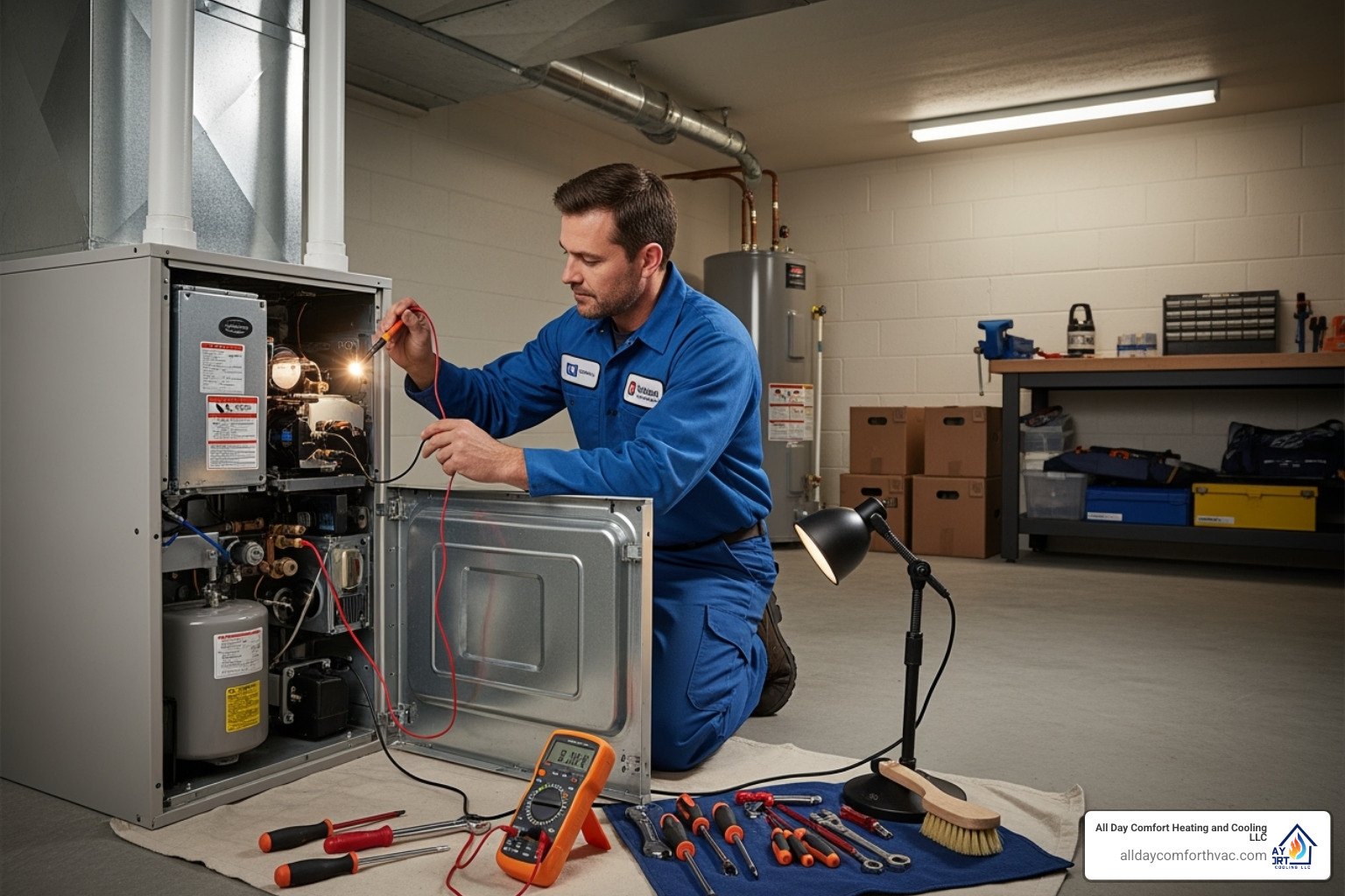 A technician performing a furnace tune-up - residential heating repair raytown mo A technician performing a furnace tune-up - residential heating repair raytown mo